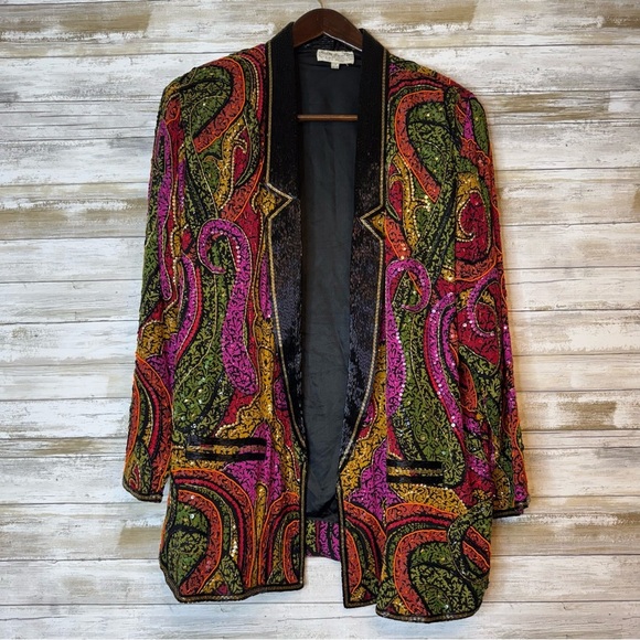Vintage 80s Judith Ann Plus Silk Whimsical Sequins Blazer Women’s Size 1x - Picture 1 of 8